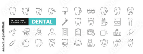 Set of 36 Dental line icons set. Dental outline icons with editable stroke collection. Includes Dentist, Teeth, Treatment, Clinic, Braces and More.
