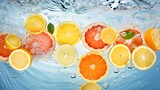 Summer scene with grapefruit, orange and lemon fruit in water. Sunlight. Minimal nature background. Food concept.