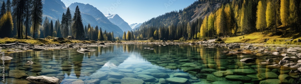 The sprawling alpine landscape, with its tranquil lake and imposing mountains, unfolds in an ultra-wide panorama. The glassy water, reflecting the sky and peaks