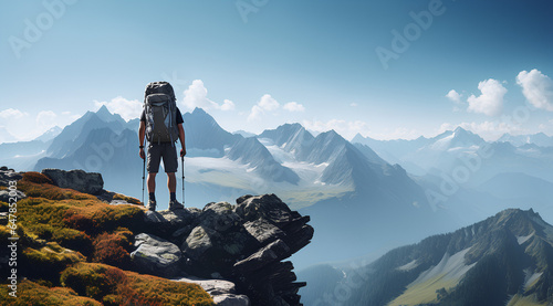 Tourist in mountain peak. Active life concept © MOUNSSIF