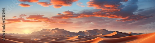 A stunning, ultra-wide panoramic photograph of a realm where the desert sings its ancient song. As the sun rises, it bathes the vast landscape in a luminous orange glow, with sand dunes rolling out...