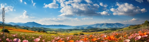 The tranquil meadow, bathed in warm sunlight, bursts into a riot of colors with wildflowers in full bloom. Swaying grasses and the picturesque horizon of rolling hills under a cloud-speckled blue sky 