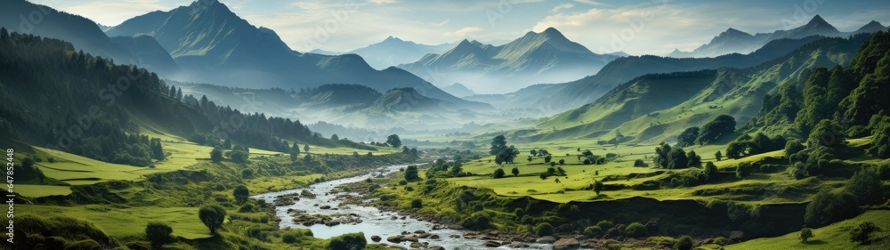 Fototapeta premium A captivating, ultra-wide panoramic shot of a tranquil, mist-shrouded mountain valley