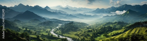 This panoramic masterpiece captures the essence of a mist-shrouded mountain valley, its verdant expanse punctuated by gently flowing stream.