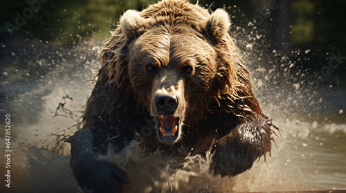 Angry grizzly bear in rage sprinting in water towar