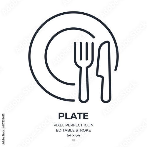 Plate, knife and fork editable stroke outline icon isolated on white background flat vector illustration. Pixel perfect. 64 x 64.
