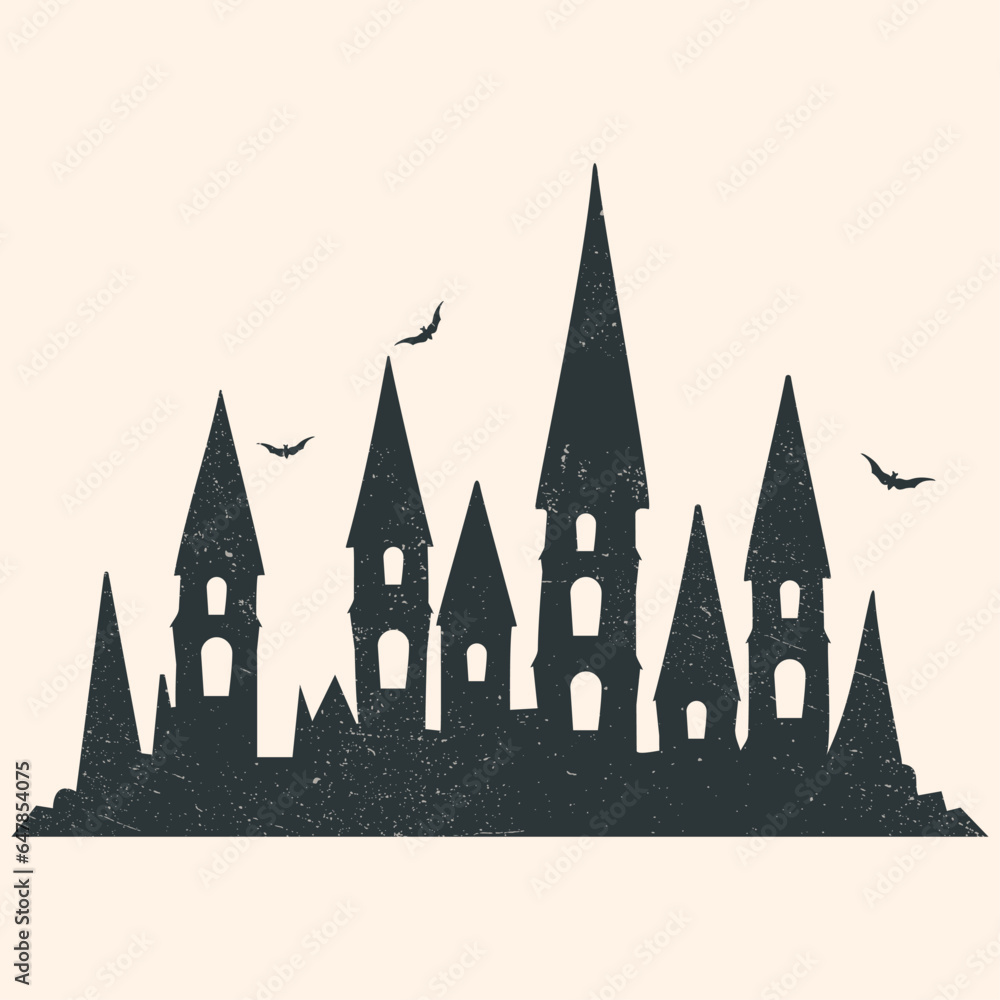 Halloween castle silhouette, halloween haunted house church and other buildings vector illustration