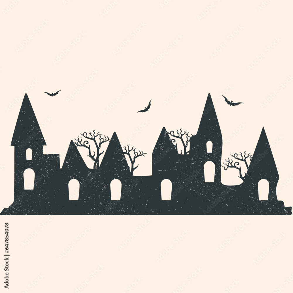 Halloween castle, bats, twisted trees. Halloween theme background. Vector cartoon illustration retro in grunge texture