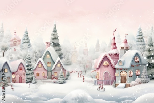An idyllic picture of a Christmas village covered with white snow and xmas fir trees. Pastel color of houses. © Santijago
