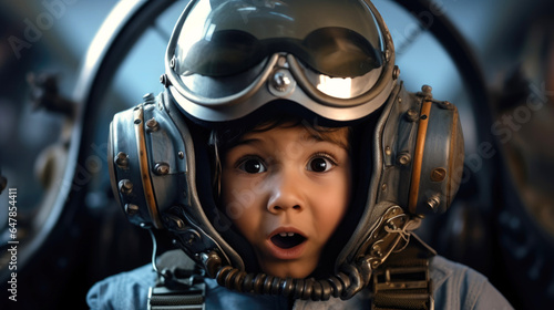 Photo Kid boy with an astonished and surprised look dressed as an airplane pilot with helmet