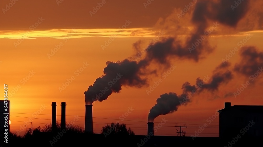 silhouettes of industrial chimneys with thick smoke causing air pollution against an orange sunset sky