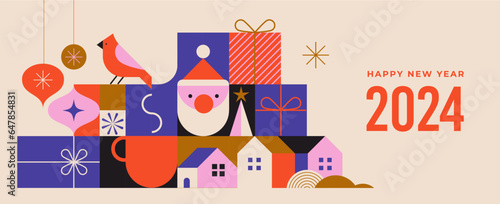 Simple Christmas background, elegant geometric minimalist style. Happy new year banner. Snowflakes, decorations and Xmas trees elements. Retro clean concept design