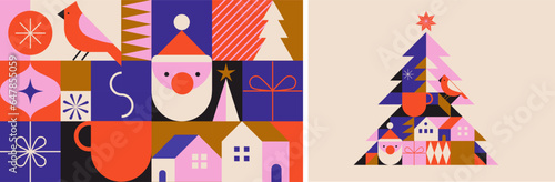 Simple Christmas background, elegant geometric minimalist style. Happy new year banner. Snowflakes, decorations and Xmas trees elements. Retro clean concept design