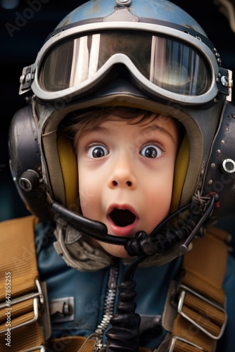 Kid boy with an astonished and surprised look dressed as an airplane pilot with helmet. Generative AI © piai