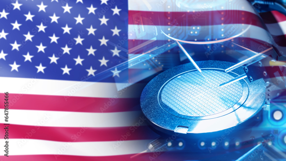 Semiconductor production. USA flag. Semiconductor manufacturing in