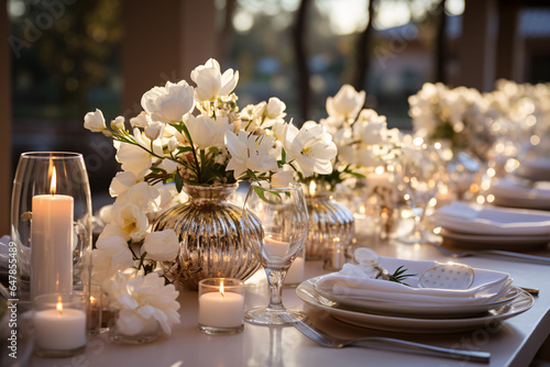 Elegant table setting with candles and flowers in restaurant. Selective focus. Romantic dinner setting with candles and flowers on table in restaurant. 