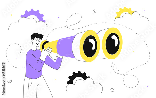 Man with big binoculars vector line concept