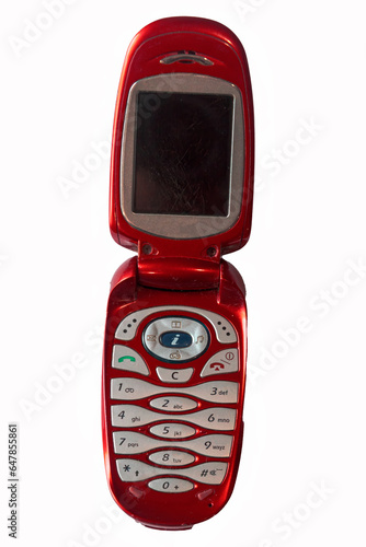 Red mobile phone - flip phone. Isolated on white background.