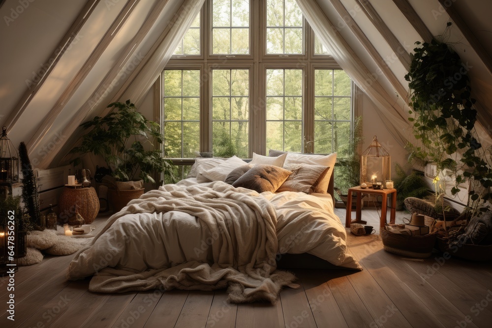 Cozy bedroom in Scandinavian style with plants. - obrazy, fototapety, plakaty 