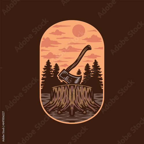 Axe on tree trunk badge illustration