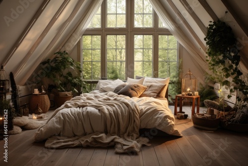 Cozy bedroom in Scandinavian style with plants. photo