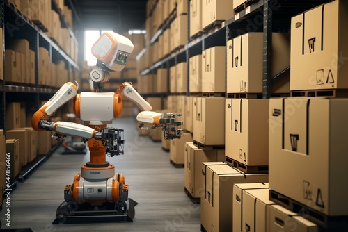 A robotic system transports a box in a storage facility alongside other boxes and equipment. Generative AI