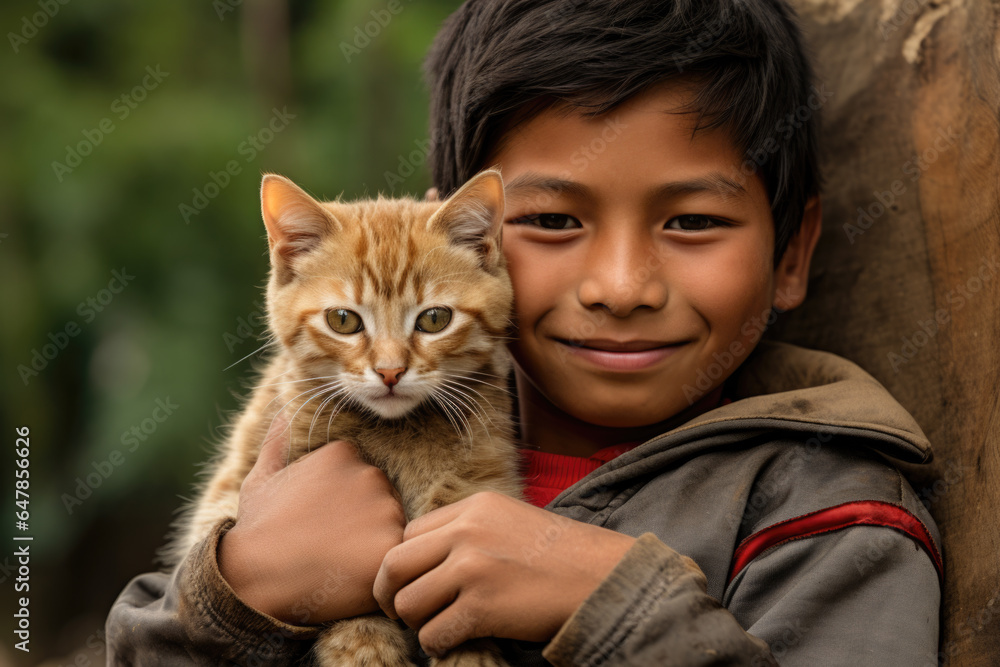 Portrait of a a young child holding a small orange kitten, smiling Portrait of a a young child holding a small orange kitten, smiling