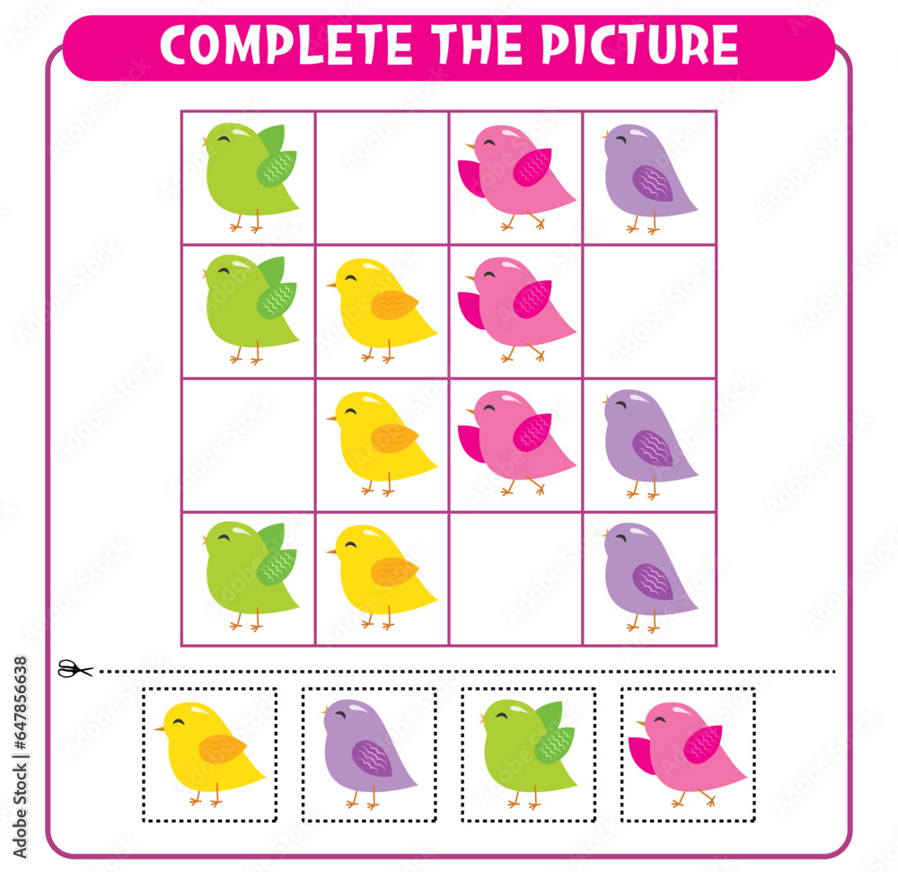 Complete the picture colorful birds. Educational game Worksheet for kids Sudoku