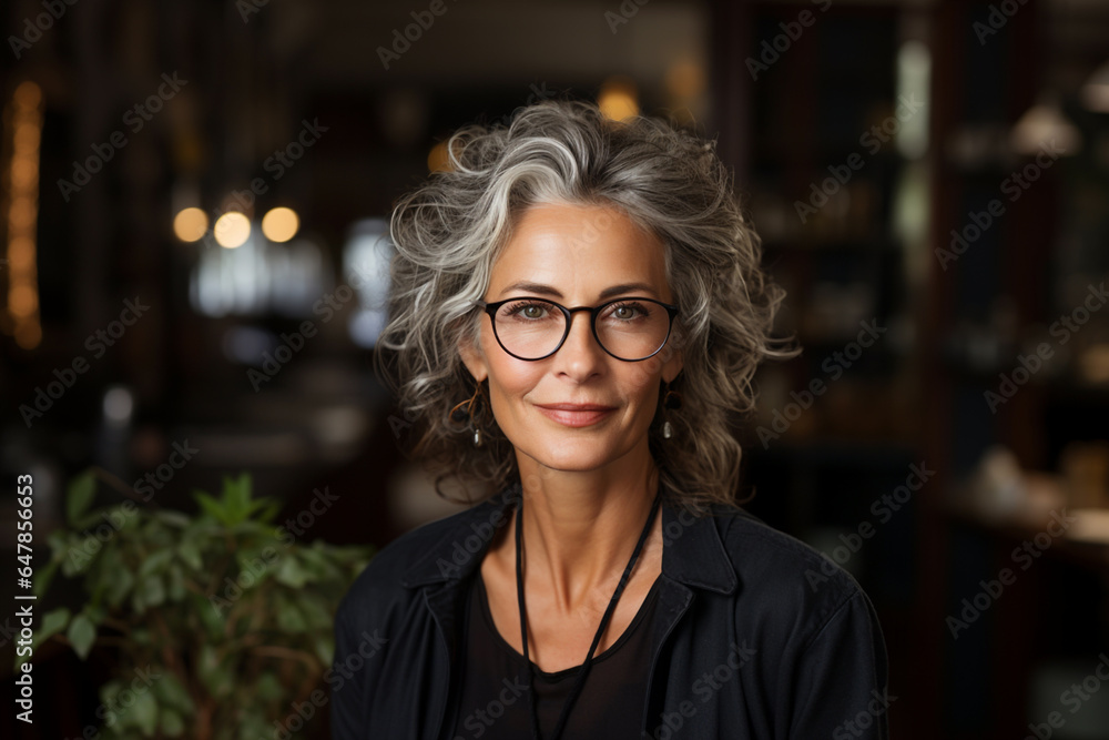 Confident stylish mature middle aged lazy in restaurant cafe bar. Portrait old senior businesswoman, 50s gray-haired lady executive business leader manager looking at camera. Active successful woman - obrazy, fototapety, plakaty 