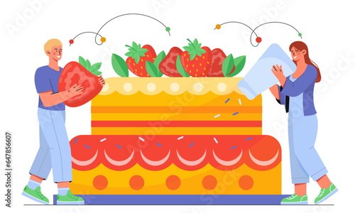 Couple of confectioners with cake vector concept