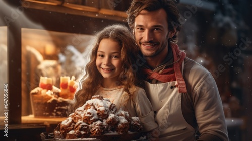 A man and a little girl standing in front of a cake