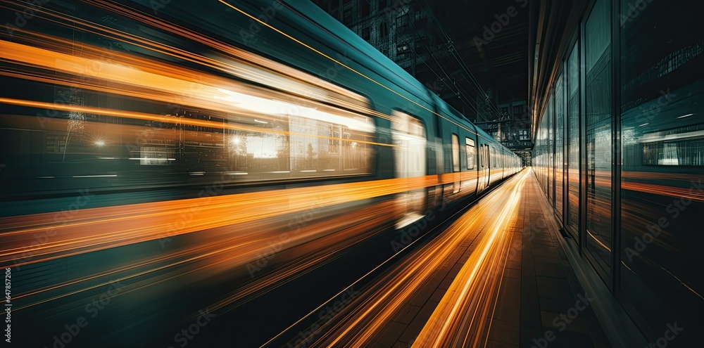 High speed train in motion on the railway station at sunset. Fast moving modern passenger train on railway platform. Railroad with motion blur effect.