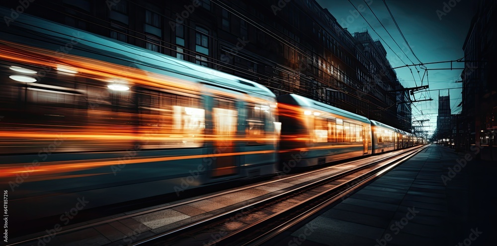 High speed train in motion on the railway station at sunset. Fast moving modern passenger train on railway platform. Railroad with motion blur effect.