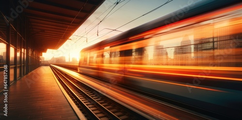 High speed train in motion on the railway station at sunset. Fast moving modern passenger train on railway platform. Railroad with motion blur effect. © Simon