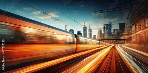 High speed train in motion on the railway station at sunset. Fast moving modern passenger train on railway platform. Railroad with motion blur effect. photo
