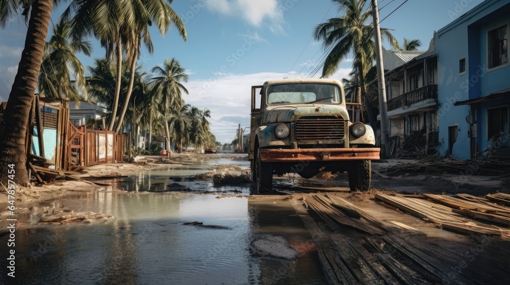 Flooded village with a damaged car, damaged houses, rubble and mud on the street. Flooded village with a damaged car, damaged houses, rubble and mud on the street.