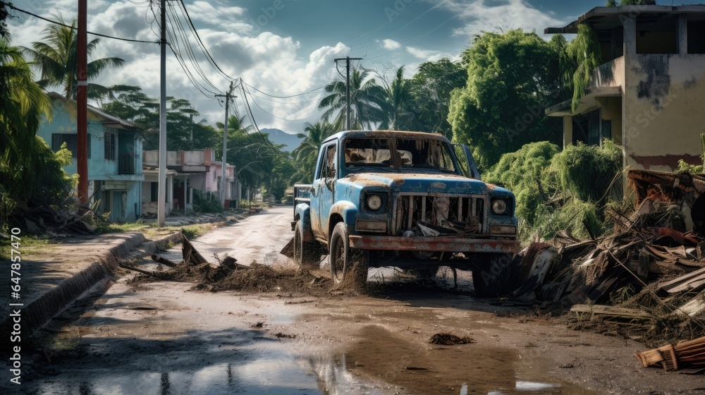 Naklejka premium Flooded village with a damaged car, damaged houses, rubble and mud on the street.