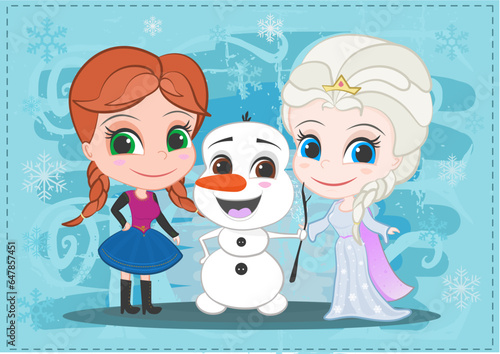Ice Team Kids, cute girl and snowman, frozen