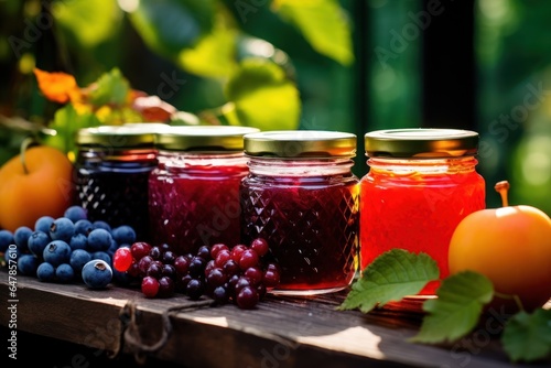 4 glass jars with fruit jam, jelly, marmalade or compote, fruit drink on a wooden table outdoors against a background of green foliage. Fresh apples and berries nearby. Home canning. Eco products