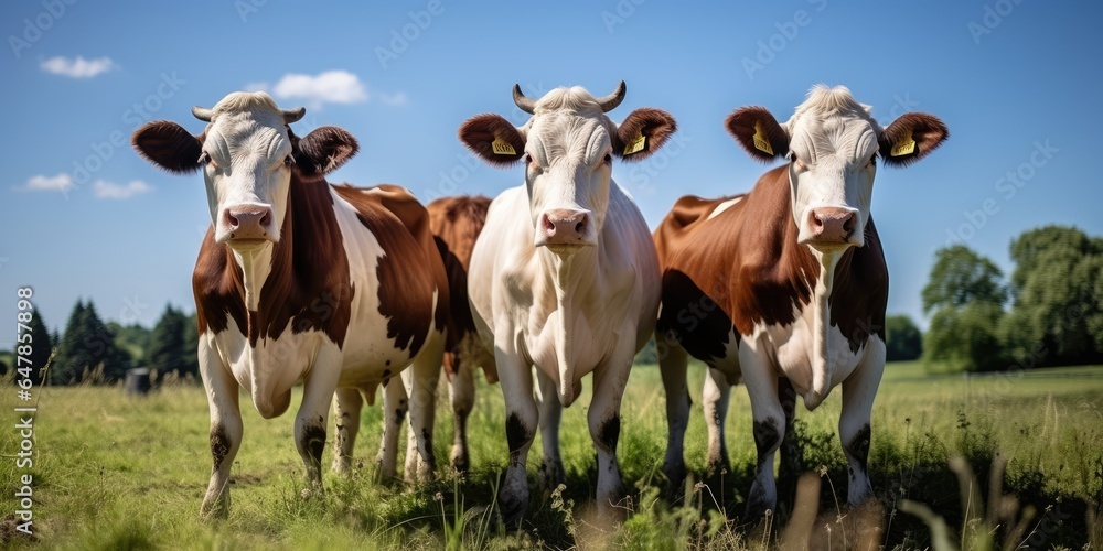 Group Of Cows Standing Next To Each Other On A Field. Generative AI Group Of Cows Standing Next To Each Other On A Field. Generative AI