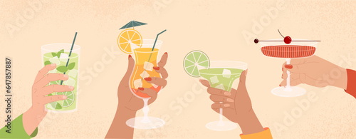 Hands with cocktails vector set