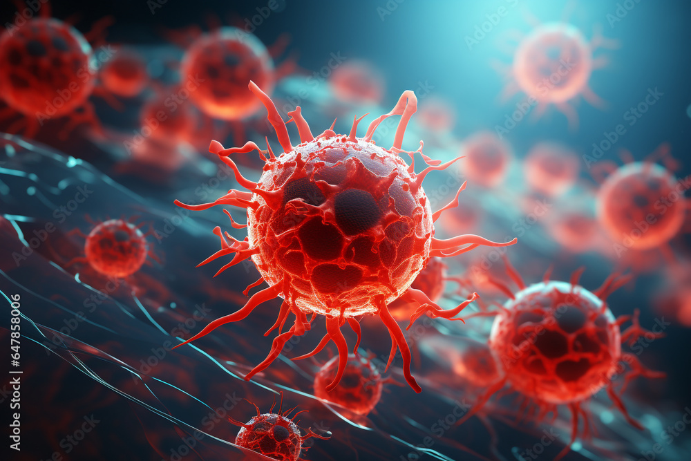 Obraz premium Cancer cell. Oncology research structure mutation, somatic cell of the body. genetic predisposition. Neoplasms, cancerous disease, malignant tumour. Danger fear the unknown.