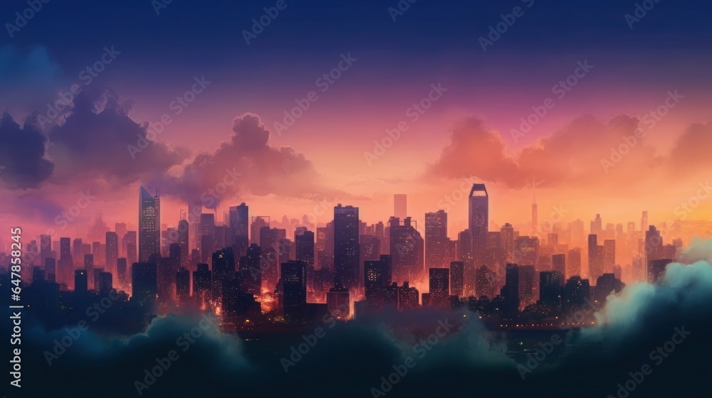 Dreamy sunset in the city landscape with a neon gradient 