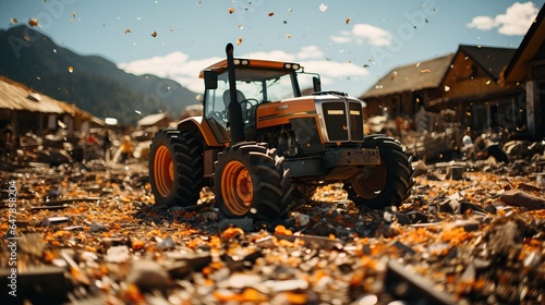 a tractor in a pile of leaves