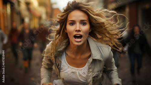 A blonde woman running at full speed, with an expression of astonishment on her face. Woman with mouth open in surprise as if running away from someone.