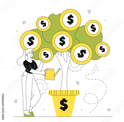 Woman with money tree vector line concept