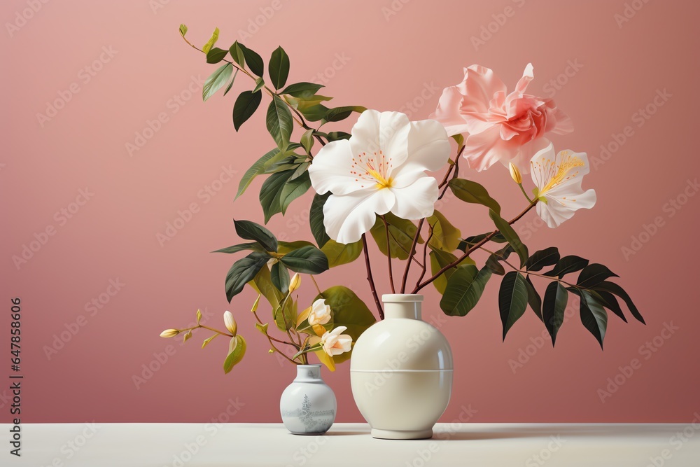 a white vase with pink flowers