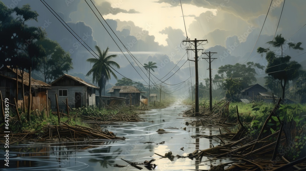 Flooded village with a damaged car, damaged houses, rubble and mud on the street. - obrazy, fototapety, plakaty 