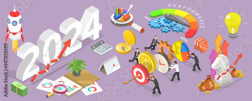 3D Isometric Flat Vector Conceptual Illustration of Effective Team Strategy For New 2024 Year, Teamwork And Brainstorming