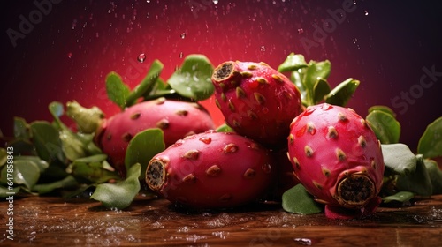 Fototapeta Naklejka Na Ścianę i Meble -  Fruit Prickly Pear. Whole red fruits on green background of leaves and drops. Macro. Exotic sweet fruit of Opuntia cactus. Vegan eco dessert. Supermarket, advertising, restaurant, menu, design, blog.